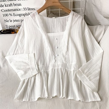 甜美減齡方領長袖收腰襯衫女夏季新款白色雪紡法式別致上衣薄款潮