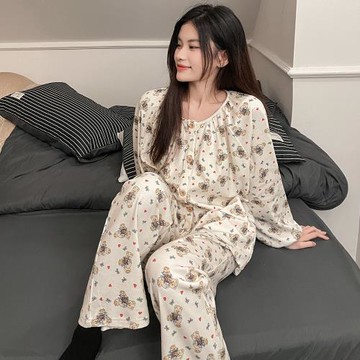 春秋季睡衣女純棉長袖甜美可愛卡通小熊寬松韓國寬松家居服套裝冬