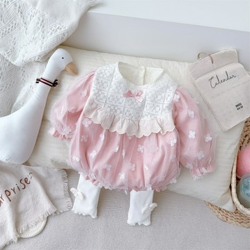 嬰幼兒童裝春季連體衣公主洋氣小花爬爬服百天外出服周歲寶寶爬服鑫弘-素時衣櫥