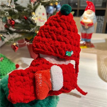 超溫暖圣誕節寵物帽子圍脖針織新年紅色保暖貓咪狗狗保暖頭套圍巾