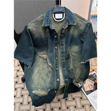 復古水洗破洞割爛牛仔短袖襯衫男生高級感墊肩寬松毛邊襯衣ins潮