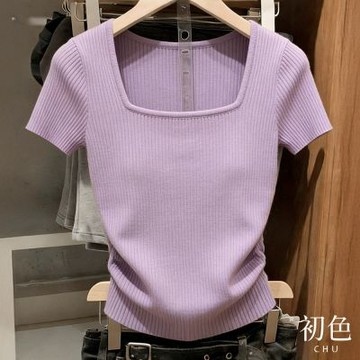 初色 純色簡約休閒方領坑條紋理短袖針織毛衣上衣女上衣-紫色-19178(F可選)