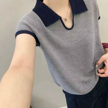 台灣出貨 法式polo領撞色針織短袖上衣女夏季時尚設計感小衆別緻短款  短袖女 針織短袖 針織衫 大尺碼t恤 女生上衣