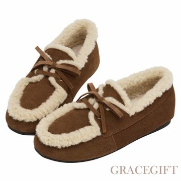 【Grace Gift】復古暖意真皮羊羔毛莫卡辛鞋 棕