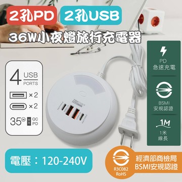 TRISTAR 2孔PD+3.1AUSB四孔快速充電器36W附小夜燈 TS-USB162