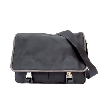 【二手名牌BRAND OFF】PRADA 普拉達 黑色帆布 棕色皮革 郵差包 肩背包 VA0768