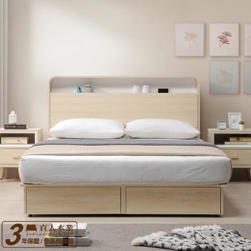 【直人木業】SNOW 北歐風白楓木5尺雙人收納大四抽床組(附USB插座)