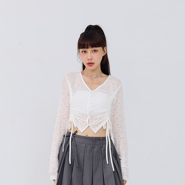 QUEENSHOP_S 女裝 長袖 蕾絲鏤空短版抽繩開襟上衣 兩色售 現+預 【02071698】