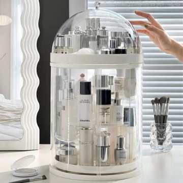 日本進口品質E旋轉化妝品收納盒梳妝臺置物架子防塵亞克力口直發