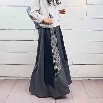 灰 - 透黑白方格拼接鬆緊褲裙 #U2066