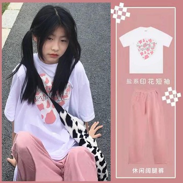單/鹽系學生女夏季新款褲子件套寬松短袖t恤+闊腿韓版兩套裝