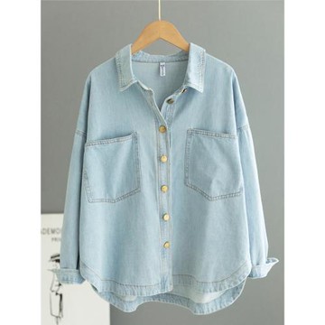 外貿出口高端水洗淺藍色牛仔襯衫女寬松顯瘦牛仔外套休閑百搭上衣