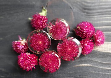 紫色 gomphrena 花塞耳環 耳規 玻璃容器 首飾 樹脂