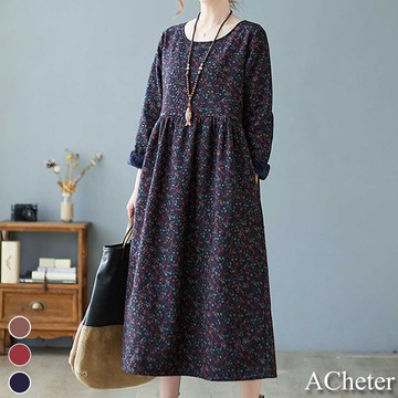 【ACheter】棉麻加絨加厚大碼寬鬆圓領碎花洋裝 # 111270(現貨+預購)