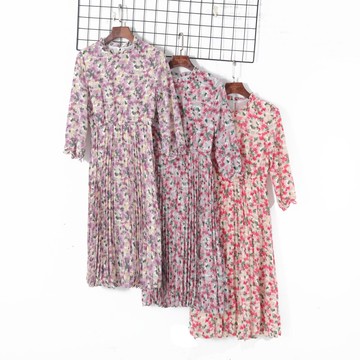 春季女裝時尚韓版清新印花木耳邊圓領套頭松緊高腰百褶連衣裙