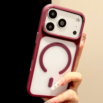 蘋果18Promax手機殼iphone17pro新款暗紅膚感磨砂透明背板磁吸殼16金屬鏡框簡約ins高級感防摔保護套