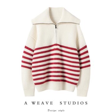 巴黎海魂條~海軍領/高領 套頭純羊絨衫女秋冬條紋針織羊絨毛衣