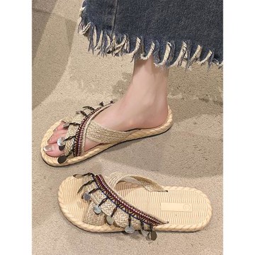 民族風平底配裙子沙灘編織拖鞋
