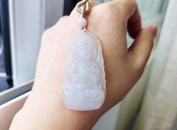 【親翠】天然翡翠 白冰清爽透亮灑烏雞點開臉和美觀音項鍊 佛系