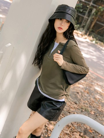 假兩件拉鍊造型竹節棉上衣