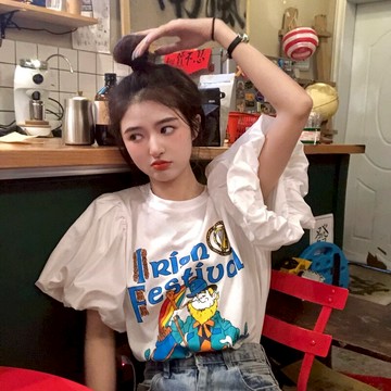 泡泡袖短袖t恤女裝夏季新款設計感燈籠袖寬松個性上衣服ins潮