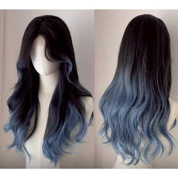 [台灣出貨附發票] 蝴蝶藍 巴黎畫染 漸層 整頂假髮 假髮 八字瀏海 假髮女 wig 假髮女整頂 長捲假髮 大波浪假髮