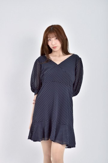 (M) michael kors禮服質感波點澎袖藍色洋裝