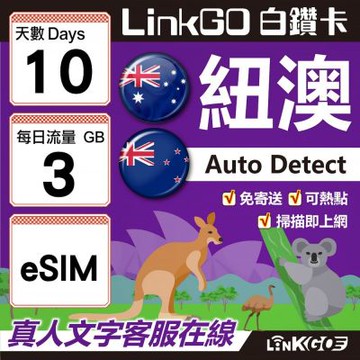 LINKGO白鑽卡 紐澳 eSIM卡 10天上網卡 每日3GB 高速流量(紐澳網卡 紐西蘭 澳洲 虛擬卡)