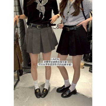 【太妮絲LE313】現貨學院風 百褶裙 附皮帶 秋冬高腰A字短裙 修飾 挺版裙 通勤氣質裙 裙子 短裙 檸檬家 氣質短裙