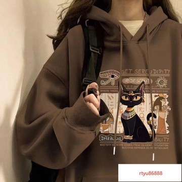 【唯家】美式慵懶連帽衛衣女秋冬季上衣2024新款卡通貓咪印花加絨加厚外套