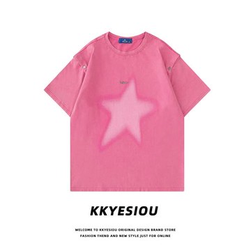 KKyesiou設計感可拆卸星星短袖T恤男女美式復古潮牌寬松坎肩背心