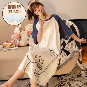 帶胸墊睡裙女夏季短袖學生可愛中長款bra大碼寬松家居服夏天薄款