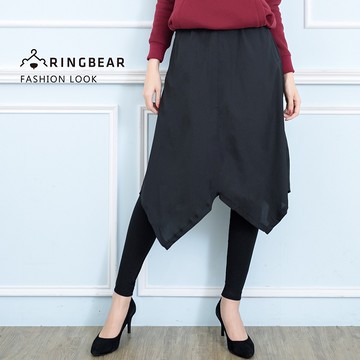 褲裙--個性氣質假兩件不規則下襬雪紡裙彈性貼身打底褲(黑M-5L)-P133眼圈熊中大尺碼