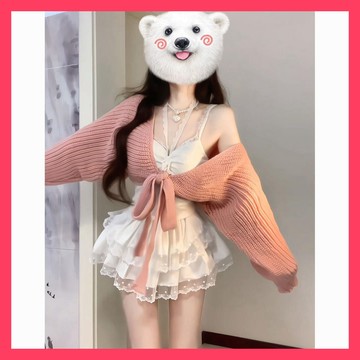 『ATC』 冬季套裝女 | 2026秋季新款辣妹吊帶蝴蝶結綁帶針織開衫上衣半身裙三件套 | 秋冬穿搭 | 冬季套裝