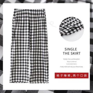 格子棉棉七分闊腿褲女2026年新款夏季女士純棉寬松休閑百搭中褲子