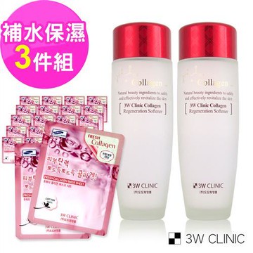 韓國 3W CLINIC 補水保濕超值組 膠原潤澤化妝水150mlx2入 效期2027.05+純棉保濕面膜-膠原20片