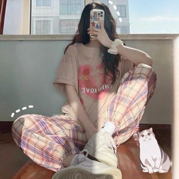 鹽系學生休閑運動套裝女夏季闊腿格子褲兩件套寬松小個子減齡ins