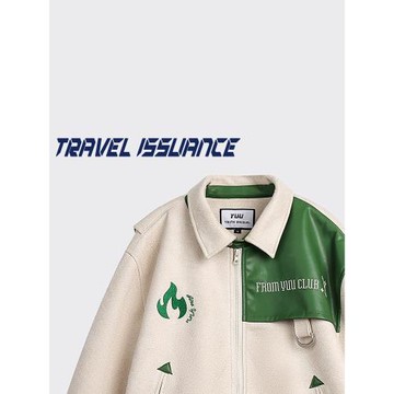 TRAVEL ISSUANCE 無問西東 美式街頭拼色刺繡寬松男女麂皮絨夾克