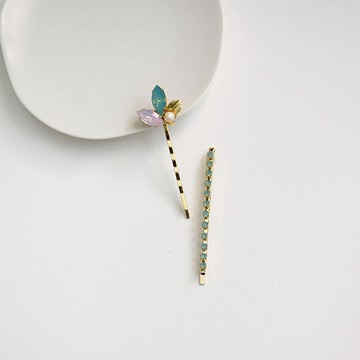 【春夏新品】綠蛋白水晶黃銅葉手工髮夾套組