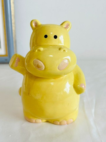 日本中古玩具 手工上色 可愛黃色河馬儲錢罐置物裝飾擺飾 vi