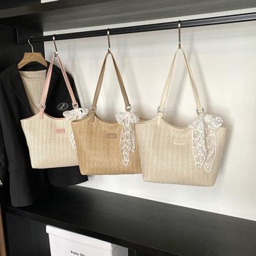 手提包復古編織托特包2025大容量草編包歐美時尚潮新款拼接單肩包