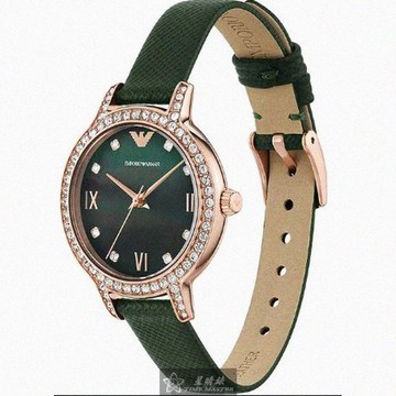 ARMANI手錶，編號AR00072，32mm玫瑰金圓形精鋼錶殼，墨綠色中三針顯示， 貝母錶面，綠真皮皮革錶帶款_廠商直送