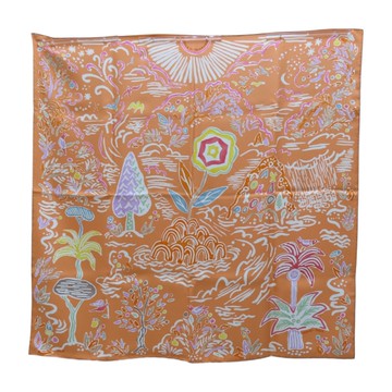 【二手名牌BRAND OFF】HERMES 愛馬仕  橘色 絲綢 方巾 90*90