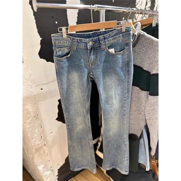 Brandy秋季新款藍色高腰微喇牛仔褲女bm修身顯瘦法式復古喇叭長褲