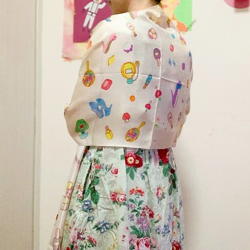 寶石插畫真絲絲巾長絲巾披肩—米色