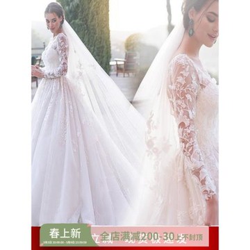 天使嫁衣法式浪漫蕾絲長袖大拖尾公主新娘婚紗禮服w6192批發