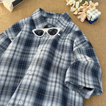 【夏季爆款】特批P30無差價夏季美式刺繡格子男大碼休閒短袖襯衫外套CD5512