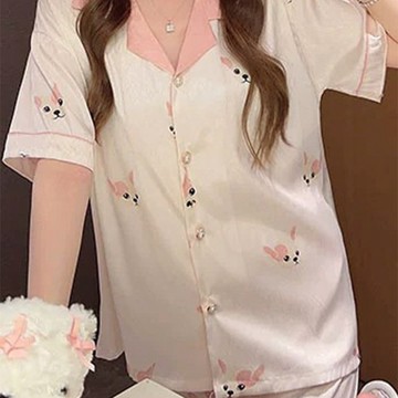 睡衣 人字紋幸運狗女士睡衣 簡約甜美可愛風睡衣 可外穿 休閒風 寬鬆可愛睡衣 學生睡衣 短袖短褲 兩件套 睡衣套裝