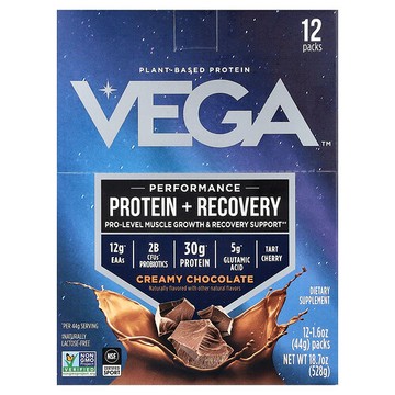 Vega, 表現，蛋白質 + 修復，奶油巧克力味，12 袋，每袋 1.6 盎司（44 克）