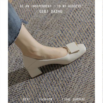 羊皮粗跟單鞋女2025新款百搭媽媽鞋中跟淺口瓢鞋職業法式高跟鞋子